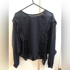 Navy blue Zara sheer long sleeve occasion top. Pretty buttons and stitching.
